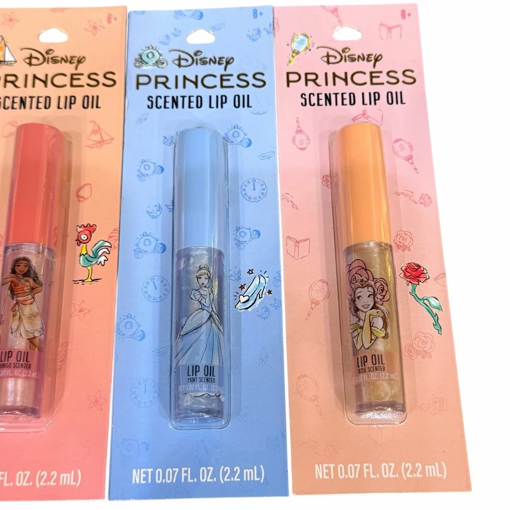 Disney Princess Scented Lip Oil Set + Blue Gingham Zipper Pouch New